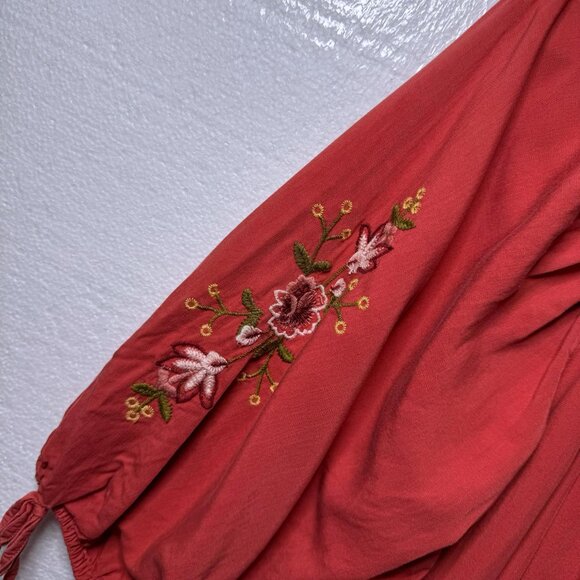 LC Lauren Conrad Size XL Embroidered Floral Square Neck Top 3/4 Tie Sleeve Boho - Picture 7 of 10